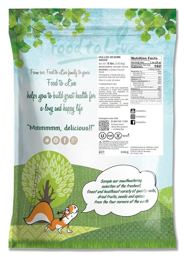 Hulled Sesame Seeds 8 Pounds — Non-GMO Verified Whole Raw White Sesame Seeds Kosher and Vegan Unroasted Bulk Sesame. High in Magnesium Iron and Calcium. Perfect for Tahini Paste