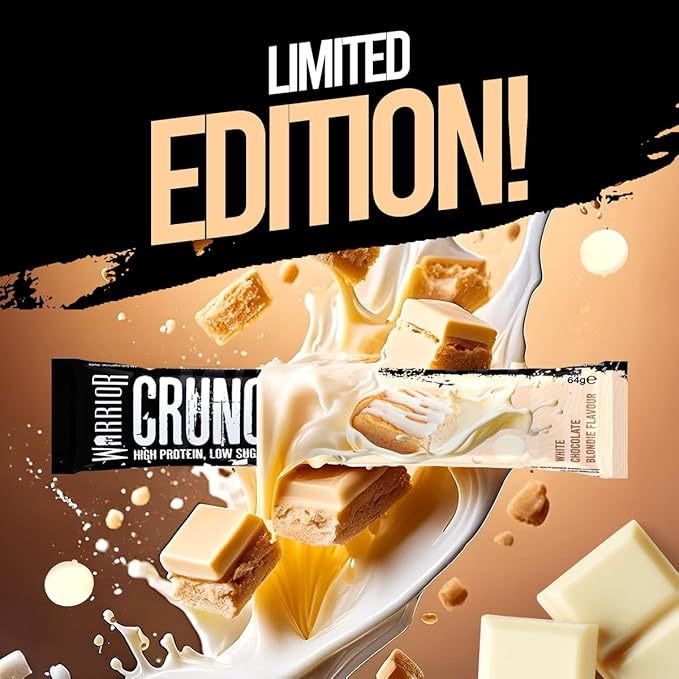 Warrior Crunch High Protein Bars | 20g Protein Low Carb Low Sugar Keto Friendly | Delicious Chewy Crispy On The Go Snack | Box of 12 Bars (White Chocolate Blondie)