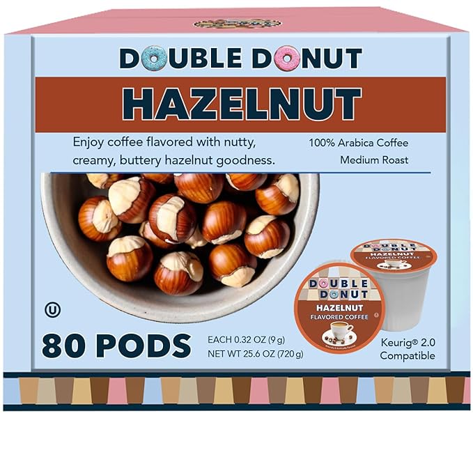 Double Donut Coffee Flavored Coffee Pods Caffeinated Hazelnut Coffee Pods for Keurig K Cups Machines Medium Roast 80 Count (Pack of 1)