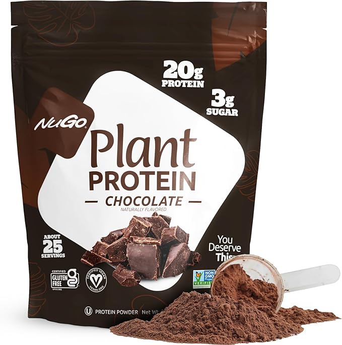 NuGo Dark Chocolate Pretzel w/SS 12g Vegan Protein Gluten Free Kosher Pareve Non-GMO 12 Count and NuGo Plant Protein Powder Chocolate 20g Protein 3g Sugar 25 Servings