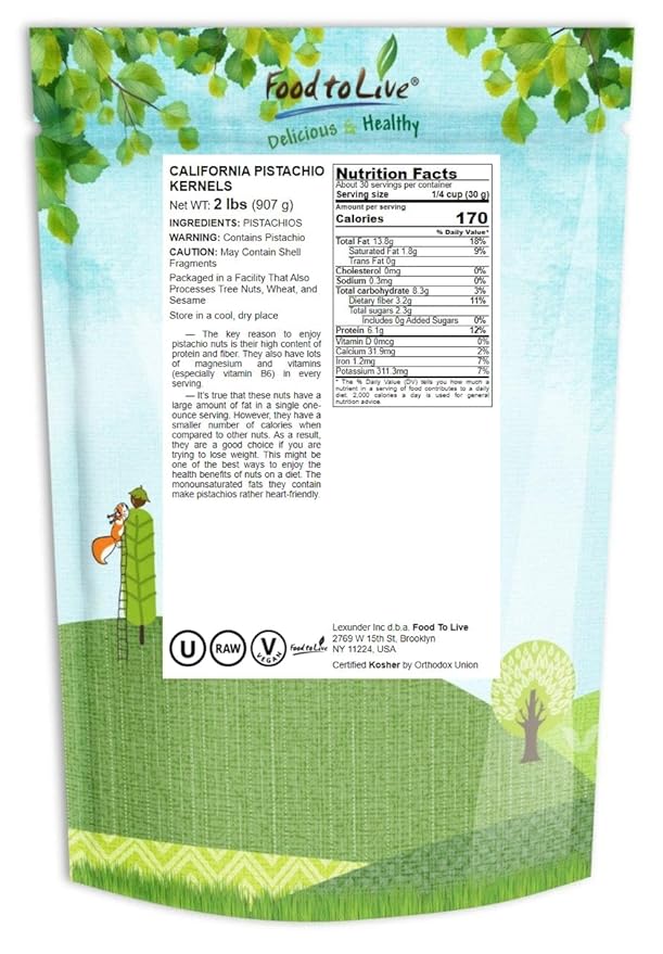 Food to Live No Shell Pistachios 2 Pounds – Unsalted Kernels Sirtfood Bulk. Pistachios Individual Packs. Wonderful Keto and Paleo Snack