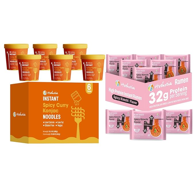 Hethstia Spicy Curry Konjac Pho &amp Spicy Kimchi High Protein Ramen Cup – Vegan Shirataki Soup + 32g Plant Protein – 6 Pho Cups + 6 Ramen Cups
