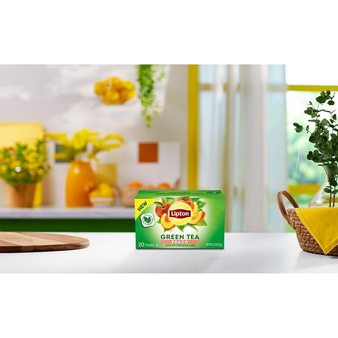 Lipton Peach Green Tea Bags Flavored Unsweetened Teabags for Hot Tea or Peach Iced Tea with Caffeine and Flavonoids 120 Total Tea Bags (20ct - Pack of 6)