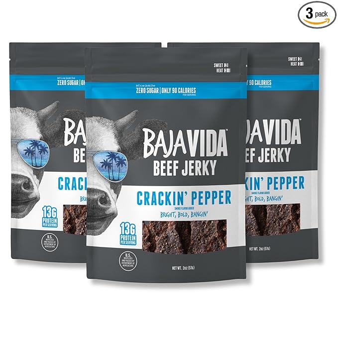 Baja Beef Jerky - 100% All Natural Beef Jerky Keto Jerky Gluten Free Low Calorie Craft Jerky 13g Protein per Serving No Nitrates or Added Hormones - Crackin' Pepper 2 oz Bag (Pack of 3)