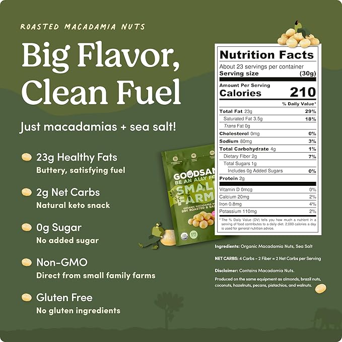 GoodSAM Small Farms Organic Roasted &amp Salted Macadamia Nuts 24oz (1.5lb) | Toasty &amp Buttery | Just Nuts &amp Sea Salt | 23g Healthy Fats 1g Net Carb | Regenerative Family Farms | Non-GMO Ke