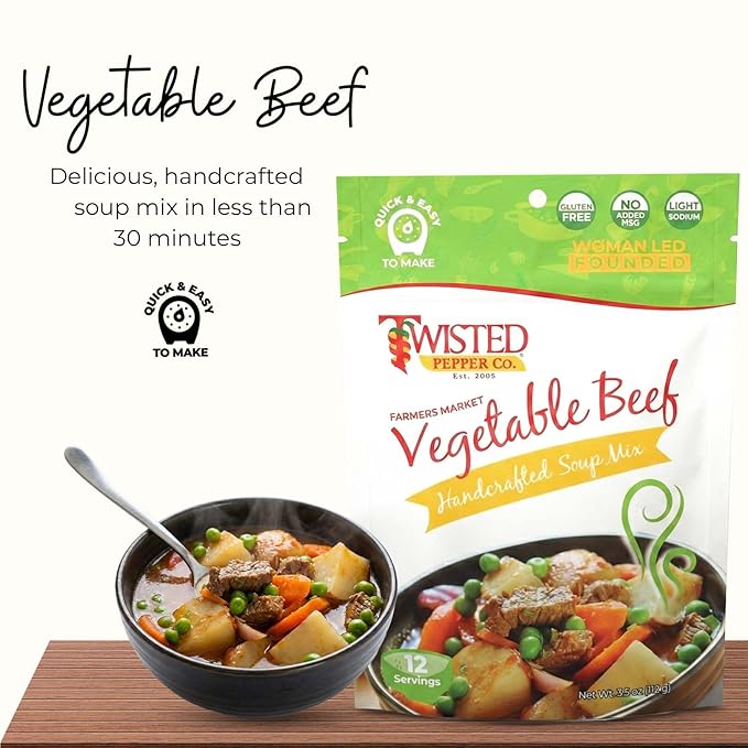 Twisted Pepper Co. Vegetable Beef Soup Mix: Gluten-Free - Handcrafted Broth‑Style Soup - Low Sodium No Added MSG | Quick &amp Easy Meal Ready in 30 Minutes Serves 12 | Add Vegetables Sausage &amp