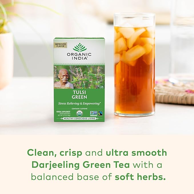 Organic India Tulsi Green Herbal Tea - Stress Relieving &amp Balancing Immune Support Adaptogen Vegan USDA Certified Organic Caffeine-Free - 18 Infusion Bags 6 Pack