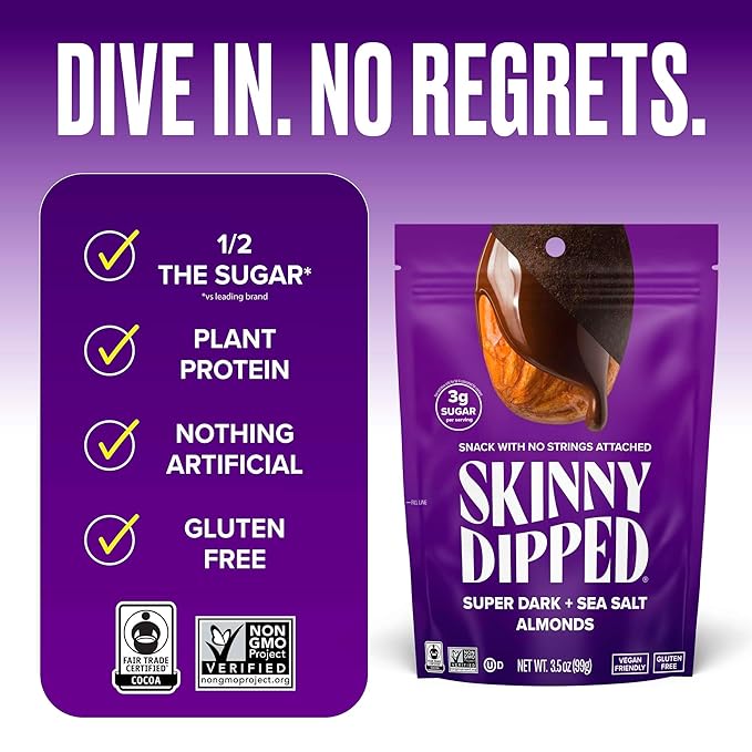 SkinnyDipped Super Dark Chocolate + Sea Salt Almonds Vegan Healthy Snack Plant Protein Gluten Free 3.5 oz Resealable Bags Pack of 5