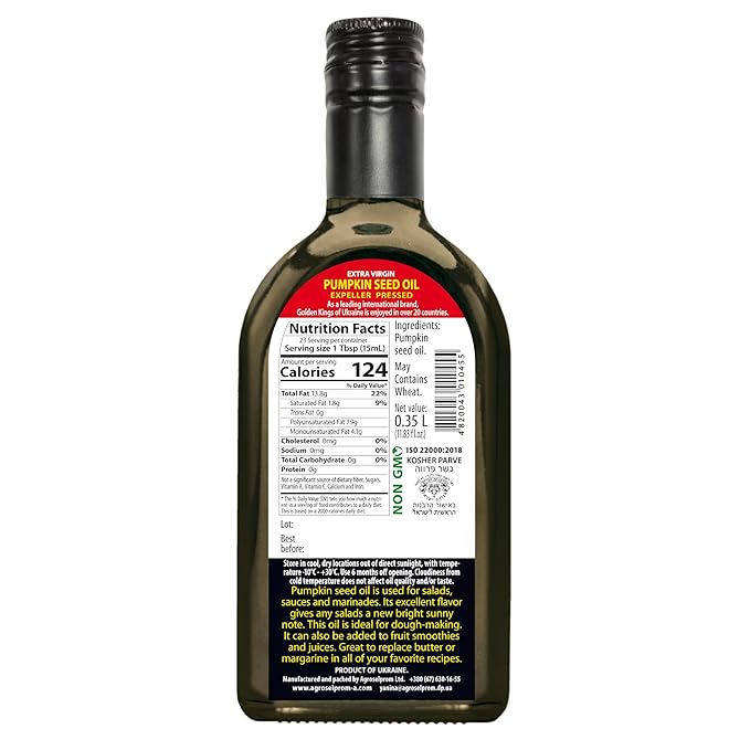 Pumpkin Seed Oil 11.83 OZ - Pure Extra Virgin Unrefined Cold Pressed Vegetable Oil for Cooking