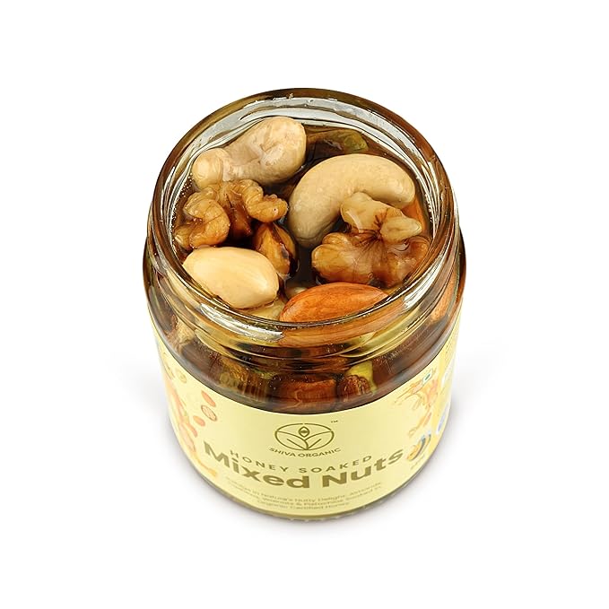 Shiva Organic Mixed Nuts in Honey (Almonds Walnuts Cashews Pistachios) - 240g (17.64 FL OZ) - Crunchy Protein-Rich High in Magnesium Phosphorus and Dietary Fiber