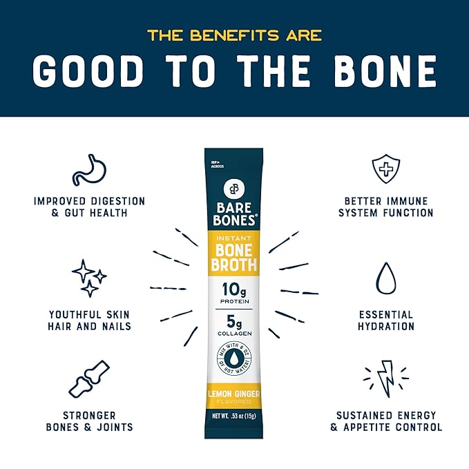 Bare Bones Lemon Ginger Bone Broth Instant Powdered Mix Packets | 5g Collagen | 10g Protein | Keto &amp Paleo Friendly | No Artificial Flavors | Rich Savory on-the-go 16 Pack