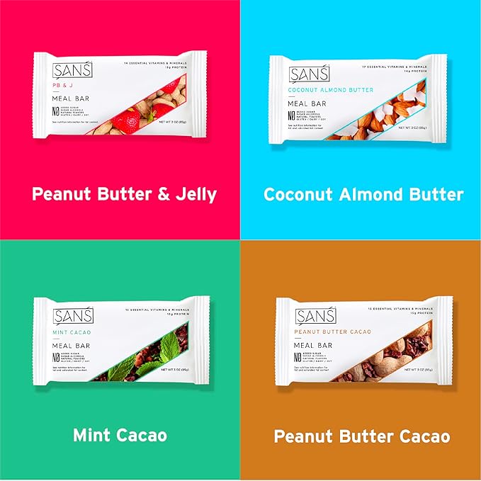 SANS Meal Replacement Protein Bar Gluten Free Healthy High Protein Snacks High Fiber No Sugar Added Dairy Free Soy Free Variety Pack 30 Bars