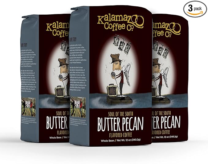 KALAMAZOO COFFEE COMPANY Butter Pecan Whole Bean Coffee - Soul of the South Flavored Coffee | 12oz Bag (3 Pack)