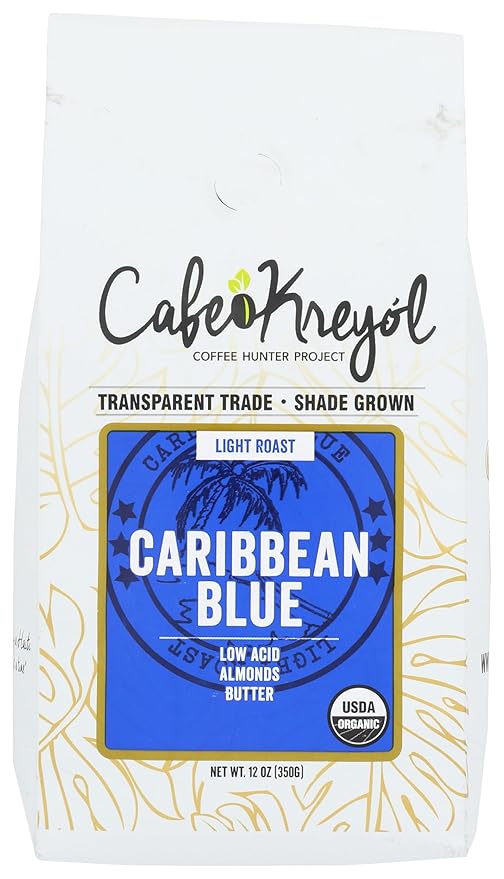 Cafe Kreyol Organic Caribbean Blue | 12 oz - Haitian Blue Light Roast Whole Bean Coffee