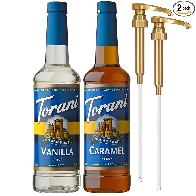 Torani Sugar Free Caramel Syrup and Sugar Free Vanilla Syrup Variety 2-Pack Coffee Syrups for Drinks Pumps Included 25.4 Fl Oz Ea