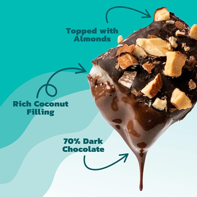 JOJO's Dark Chocolate Coconut Filled Bites with Almonds 3.6oz (4 count) Gluten-Free Non-GMO Vegan Lactose Free More Protein Less Sugar