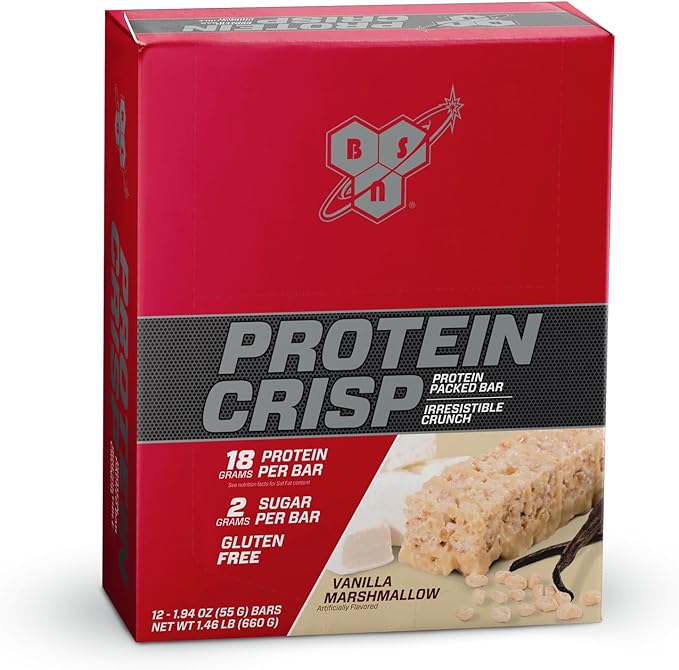BSN Protein Crisp Bar Vanilla Marshmallow 18 Gram Protein Snack Bars with Whey and Fiber Gluten-Free Crunchy Energy Bars for Workout Fitness On-the-Go 12 Count