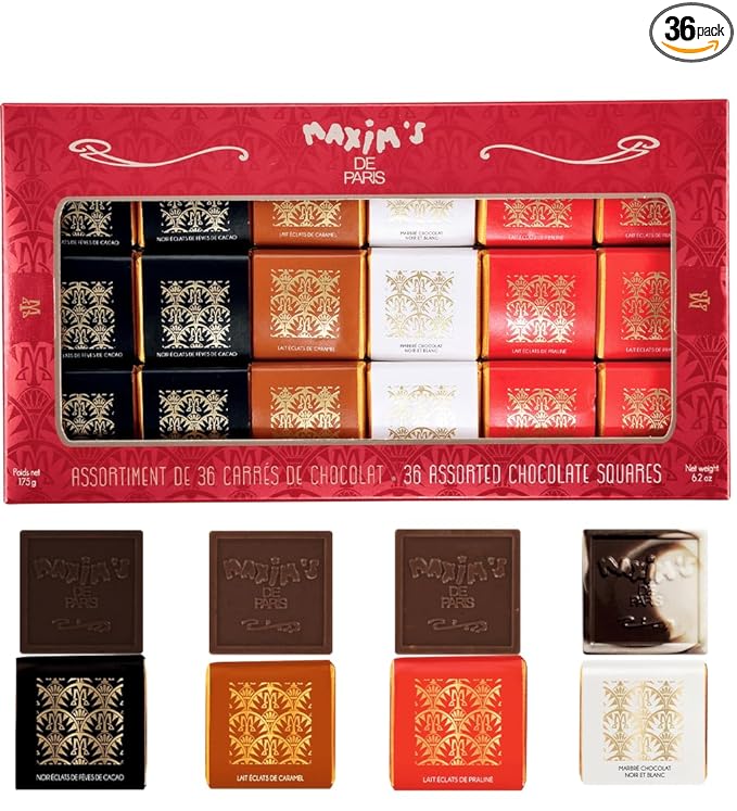 Maxim's De Paris - Assorted Chocolate Squares Gift Box Individually Wrapped Dark Chocolate Milk Chocolate Milk chocolate Caramel Marbled White and Dark Chocolate 36 Pces