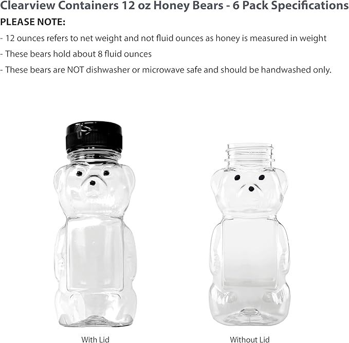 12 Ounce Clear Plastic Squeezable Honey Bears with Sealable Flip Top Lids - BPA Free Hand Wash Only (Black 6 Pack)