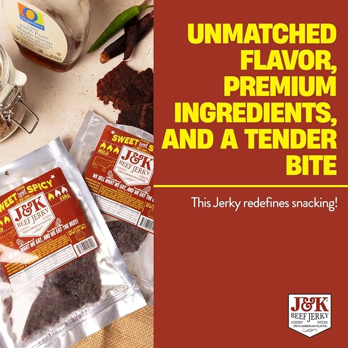 J&ampK Sweet and Spicy Beef Jerky - Hand Crafted Small Batch American Made Slab Beef Jerky - Bold &amp Flavorful Snack! - 7oz Big Bag (Pack of 2)