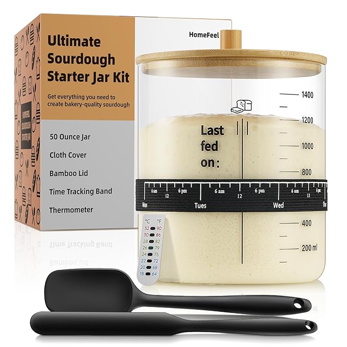 Premium Sourdough Starter Jar - 50 oz Large Glass Jar with Bamboo Lid Cloth Cover Date Tracker Thermometer and Scraper Stylish Design and Wide Mouth Starter Kit
