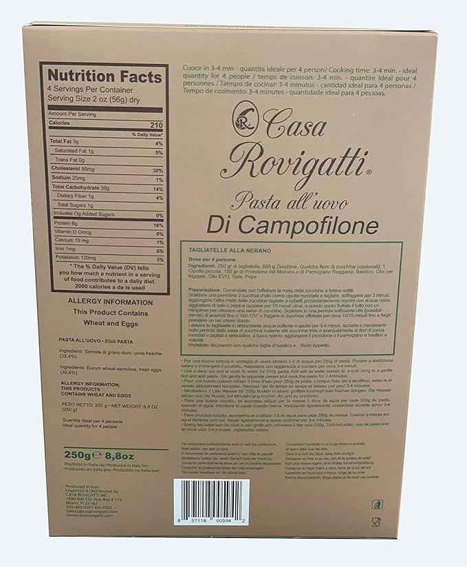 Tagliatelle Gourmet Egg Pasta (Pack of 4) - Italian Pasta From the Region of Di Campofilone- Imported Italian Gourmet Egg Pasta- 8.8 ounces / 250 grams
