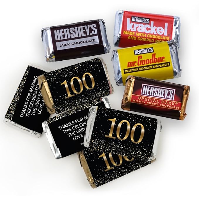 200pcs Personalized 100th Birthday Candy Kit Chocolate Party Favors for Guests Candy Buffet Supplies (Custom Wrapped Miniatures Kisses Peanut Butter Cups) - 100th