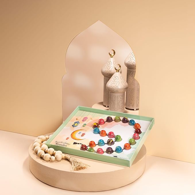 OMNIYA Delicacy – Ramadan Beads of Joy Chocolate Box – 25 Masbaha-Inspired Chocolates with Pistachio Hazelnut Coffee Cheesecake &amp Chocolate Spread – Luxury Ramadan Gift – Elegant Box for Eid &a