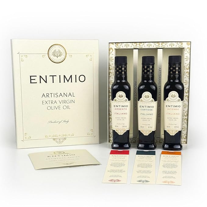 Entimio Collection Organic Italian Extra Virgin Olive Oil Gift Set from Italy 600+ to 1000+ mg/kg High in Polyphenols 2025 Gold Winner Early Harvest evoo Cold Extracted Lab Tested – 3 x 8.5 fl o