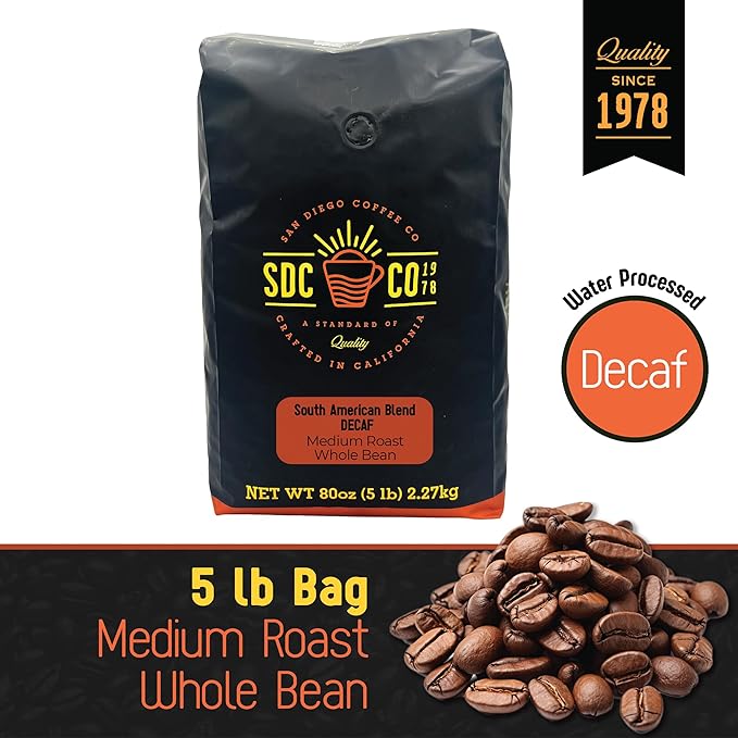 San Diego Coffee DECAF South American Blend Medium Roast Whole Bean Coffee 5-Pound Bag Café en grano tostado descafeinado