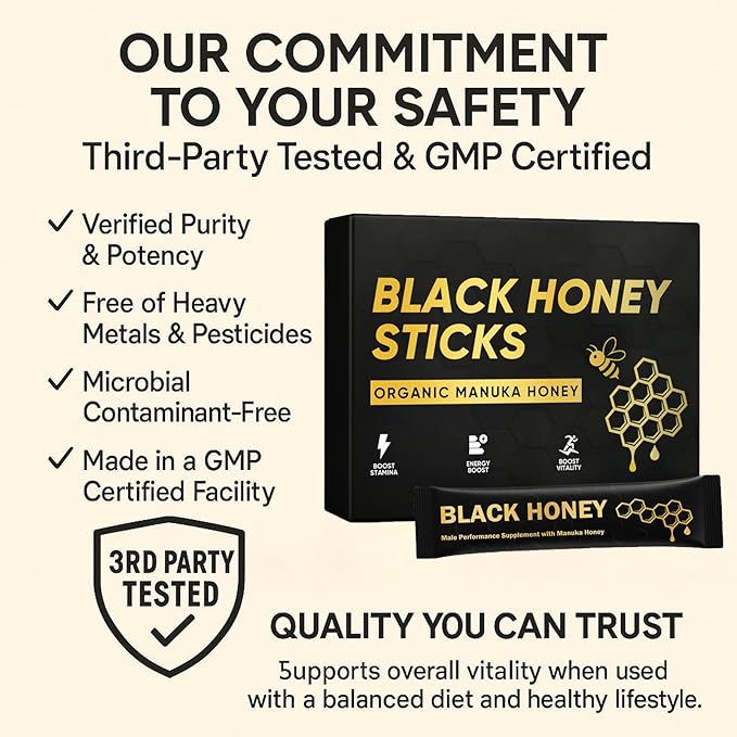 Black Honey Sticks Natural Energy &amp Vitality Packs – Raw Organic Honey with Maca Ginseng &amp Black Ginger Extracts Travel-Size Sachets Male Wellness &amp Daily Support (Box of 10)