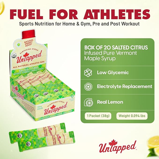 UnTapped Salted Citrus Infused Vermont Maple Syrup Packets for Athletes Box of 20 - 1 fl oz | Pure Maple Syrup with Refreshing Citrus Flavor and Sea Salt for Endurance Energy | Fuel to Keep You Runni