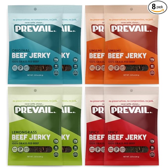 Grass Fed Beef Jerky Variety Pack by PREVAIL - Low Sodium and Gluten Free! | Umami Spicy Lemongrass and Original - Pack of (8) Bags | | Our Gourmet Jerky is Paleo Certified Soy Free Free of Pres