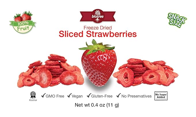 BioTree Labs Freeze Dried Sliced Strawberries - Pack of 12 x 0.4 oz 100% Natural Sliced Fruit Great for Healthy Snacks Cereal Toppers Cupcake Ingredients Smoothies or Trail Mix | NO Added Sugar o