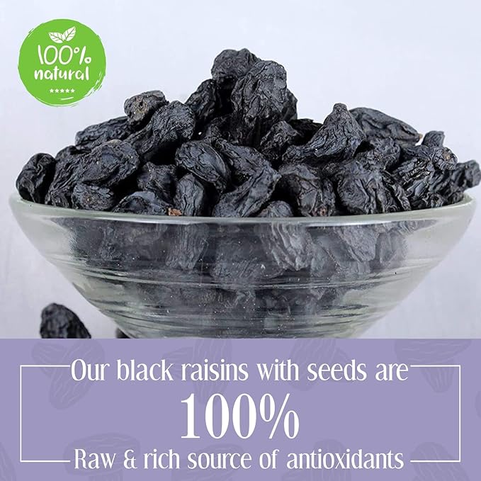 Afghani Black Raisins with seed | Kali Kishmish | Kala Munakka Dry Fruit | Kali Draksh | High in Anti-oxidants | Healthy &amp Delicious | 250g