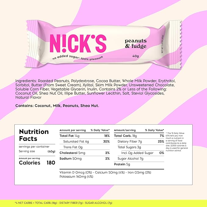 NICKS Peanuts &amp Fudge Keto Chocolate Bars No Added Sugar 180 Calories 4 Net carbs Gluten Free Sweets Low carb Candy Snack Bar – 15-Pack (40g Each)