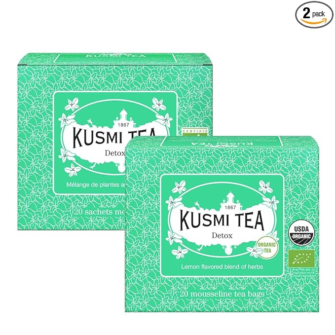 Kusmi Tea - Pack of 2 Boxes of Tea Bags - Detox - Organic Blend of Green Tea Mate &amp Lemon - Lemongrass Rose Hip and Lemon Flavours - Enjoy Hot or Iced - 2x20 Tea Bags