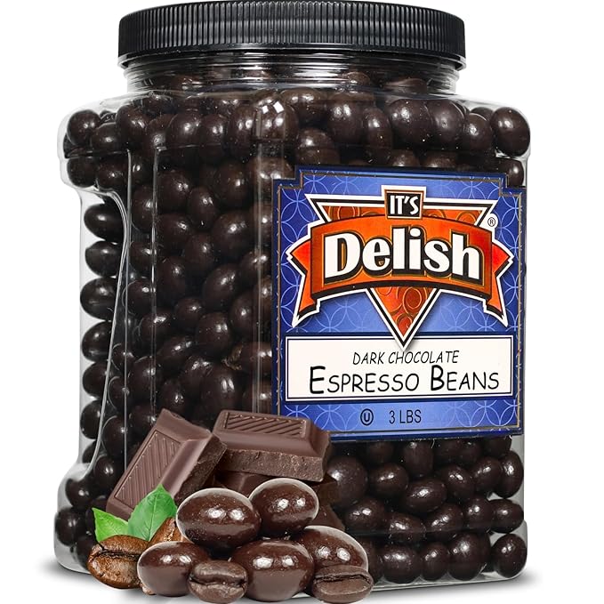 Dark Chocolate Covered Espresso Beans - by It's Delish 3 Lbs Jumbo Container | Coffee Lovers Snack | Gourmet Chocolates Candy Snacks | Made in USA Vegan Kosher