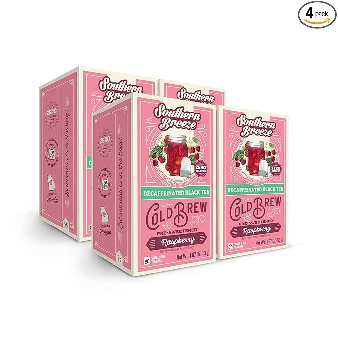 Southern Breeze Decaf Cold Brew Sweet Tea Raspberry Iced Tea with Black Tea and Zero Carbs Zero Sugar 20 Individually Wrapped Tea Bags Pack of 4