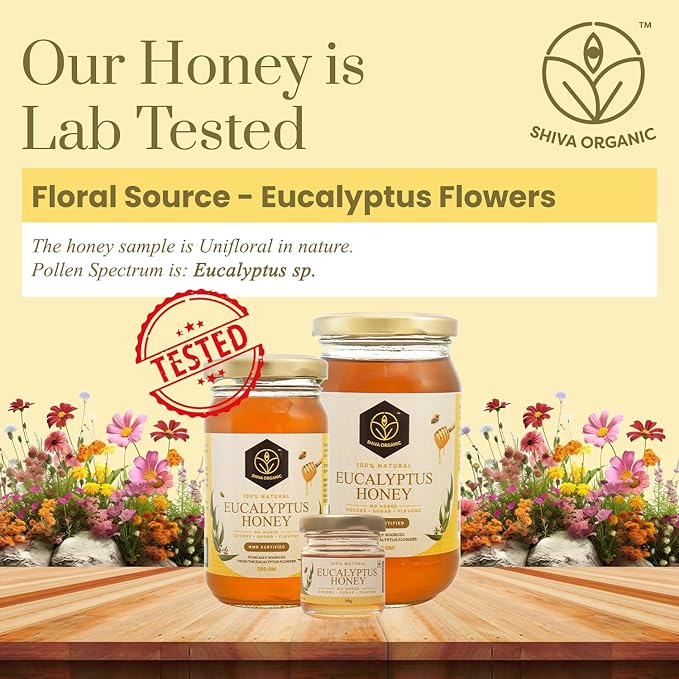 Shiva Organic's Eucalyptus Nectar Honey - NMR Tested Natural Honey No Added Sugar Flavorful - 250g (8.81 Ounce)