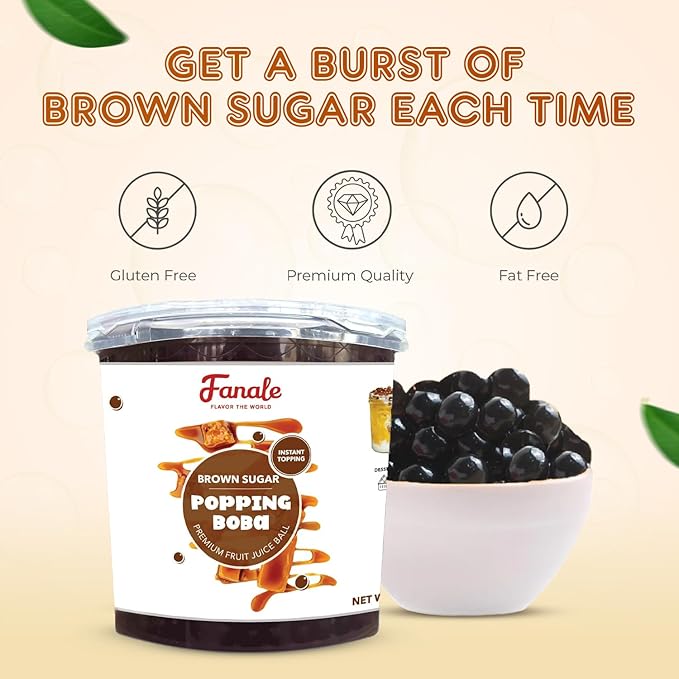 Fanale Brown Sugar Popping Boba Pearls Vegan Non GMO Gluten Free Fat Free Perfect for Bubble Tea Smoothies Ice Cream Desserts and Beverages.