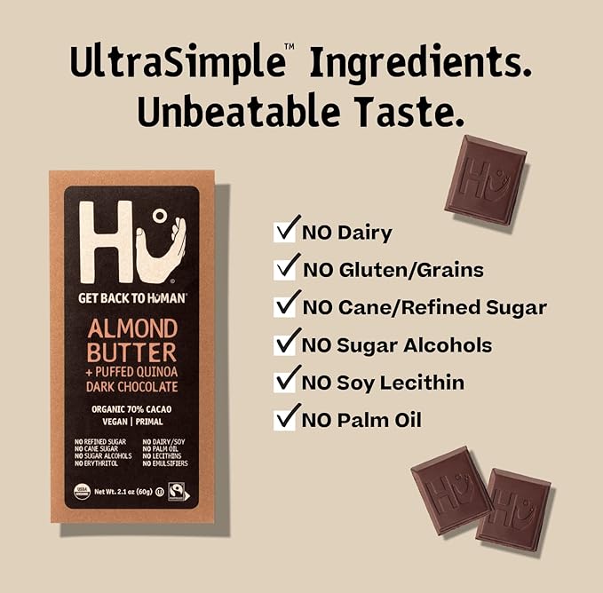 Hu Chocolate Bars | 6 Pack Almond Butter &amp Puffed Quinoa Chocolate | Natural Organic Vegan Gluten Free Paleo Non GMO Fair Trade Dark Chocolate | 2.1oz Each