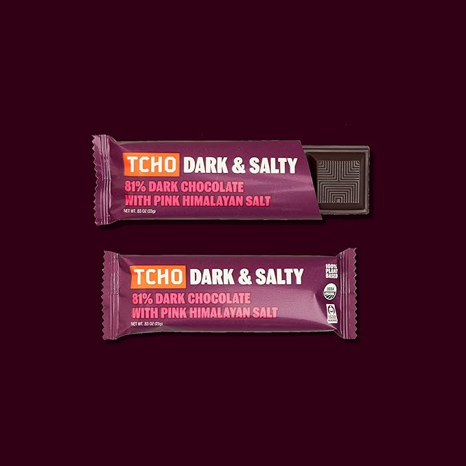 TCHO Dark &amp Salty Chocolate Bars (18 pack) | 100% Plant-Based Organic 81% Dark Chocolate with Pink Himalayan Salt | Vegan Soy-Free Gluten-Free Individually Wrapped Bars | A Guilt-Free Indulgen