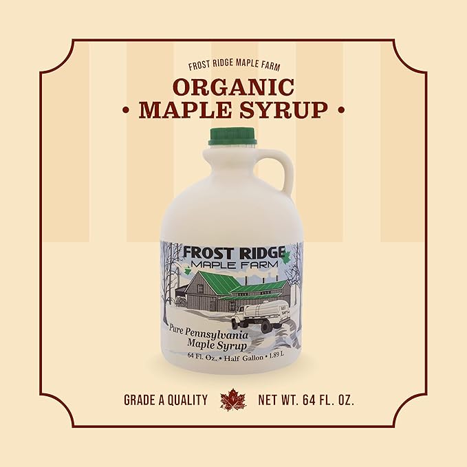 Frost Ridge Maple Farm Organic Maple Syrup Grade A Half Gallon (64 FL Oz) Medium Amber Rich