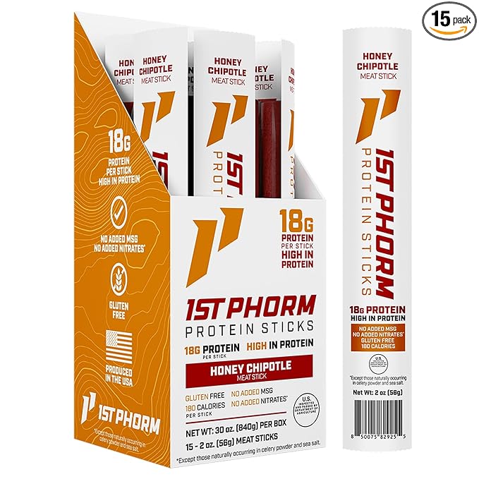 1st Phorm Meat Sticks Honey Chipotle 18G Protein per Serving USA Raised Lean Beef and Pork High Protein Snacks Gluten Free No Msg or Nitrates Individually Wrapped 15 Count