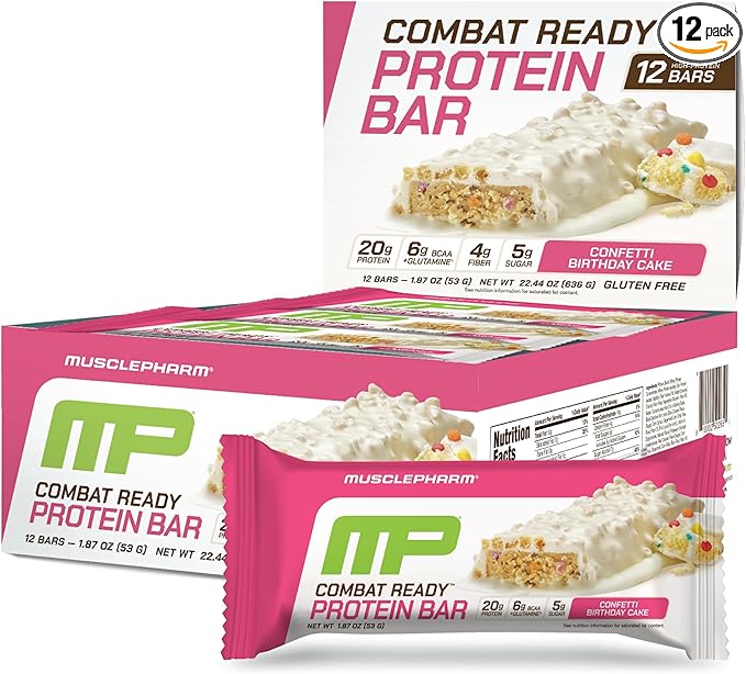 MusclePharm Combat Ready Protein Bar Confetti Cake High Protein Bars Combat Cravings Fuel Performance &amp Meet Energy Demands 20g Protein from Whey Protein 4g Fiber Gluten Free 12 Bars