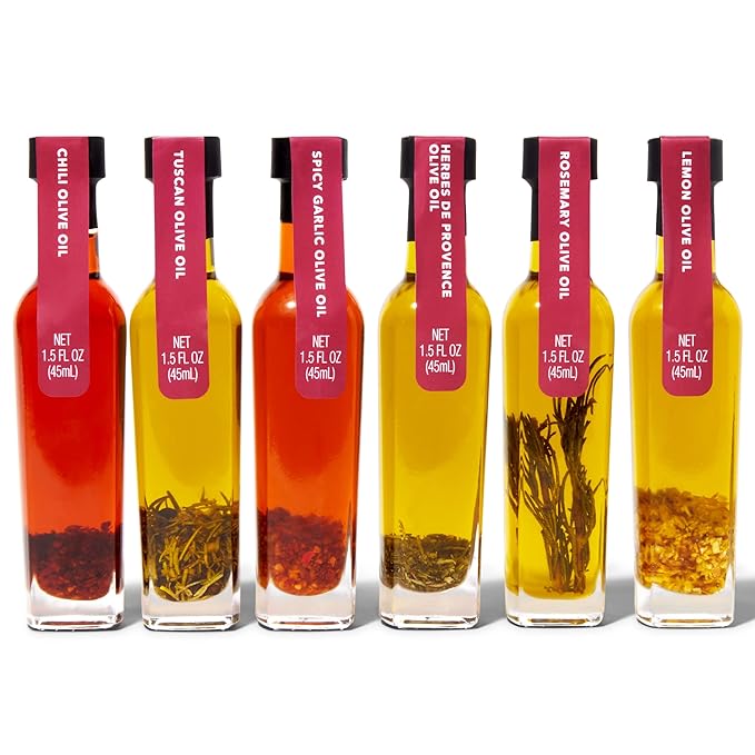 Thoughtfully Gourmet Spice Infused Olive Oil Gift Set Premium Extra-Virgin Olive Oil from Spain Flavors Include Chili Rosemary Lemon Spicy Garlic Herbes de Provence and Tuscan Set of 6