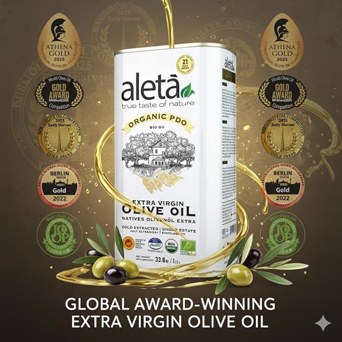 Aleta Organic &amp PDO Extra Virgin Olive Oil 2025 Gold Award Certified Single Estate Crete Greece First-Cold Press 1 Lt (33.8 oz.) Tin Pack of 2