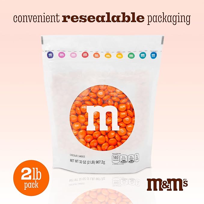 M&ampM'S World Orange Milk Chocolate Candy - 2 lbs Resealable Pack of Bulk Candy for Halloween Birthdays Easter Graduations Snack Packs Party Favors Themed Events and More