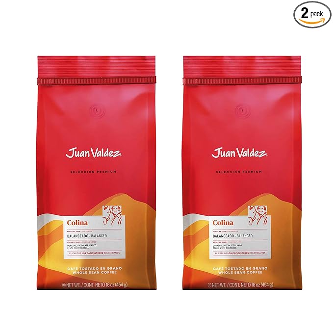 Juan Valdez Colina Whole Bean Coffee Balanced Roast 16 OZ - Premium Colombian Coffee - Unique “Caracolito” beans produce a coffee of balanced flavor and mild texture (Pack of 2)